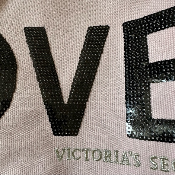 Victoria’s Secret Canvas Tote Bag Pink With Black Sequins Love - Picture 2 of 8